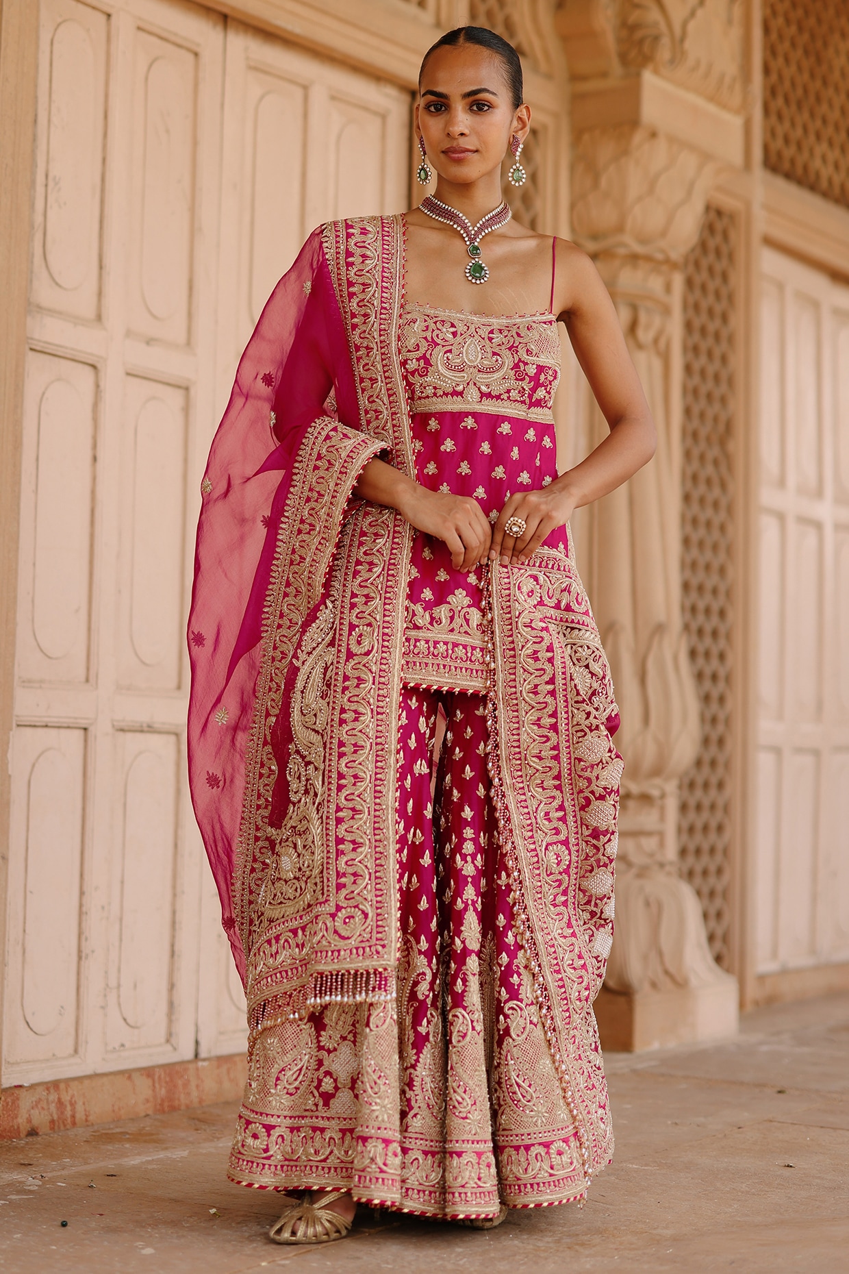 Sheetal Batra Hot Pink Pure Silk Chanderi Dabka Embellished Gharara Set