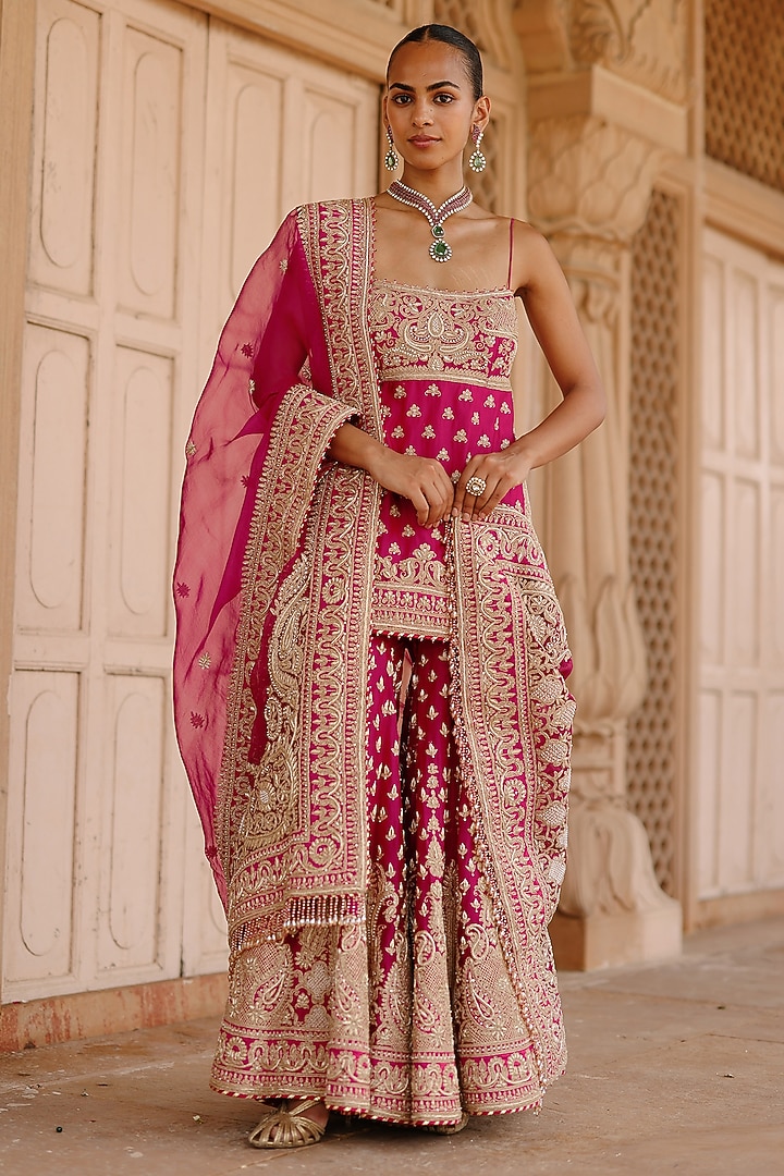 Hot Pink Pure Silk Chanderi Dabka Embellished Gharara Set by Sheetal Batra at Pernia's Pop Up Shop