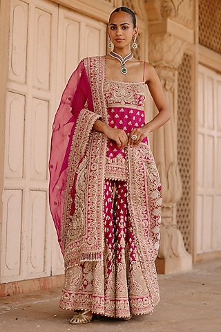 Hot Pink Pure Silk Chanderi Dabka Embellished Gharara Set by Sheetal Batra