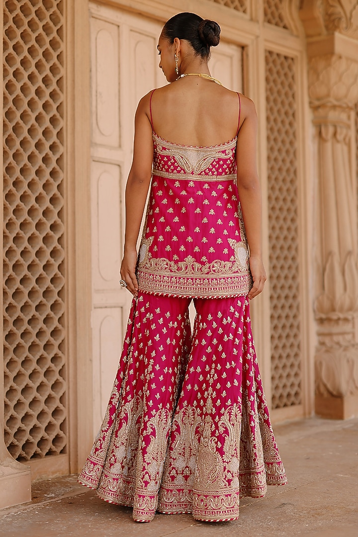 Hot Pink Pure Silk Chanderi Dabka Embellished Gharara Set by Sheetal Batra at Pernia's Pop Up Shop