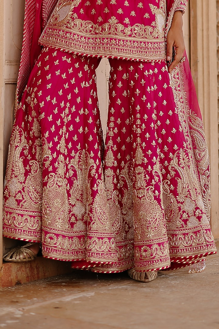 Hot Pink Pure Silk Chanderi Dabka Embellished Gharara Set by Sheetal Batra at Pernia's Pop Up Shop