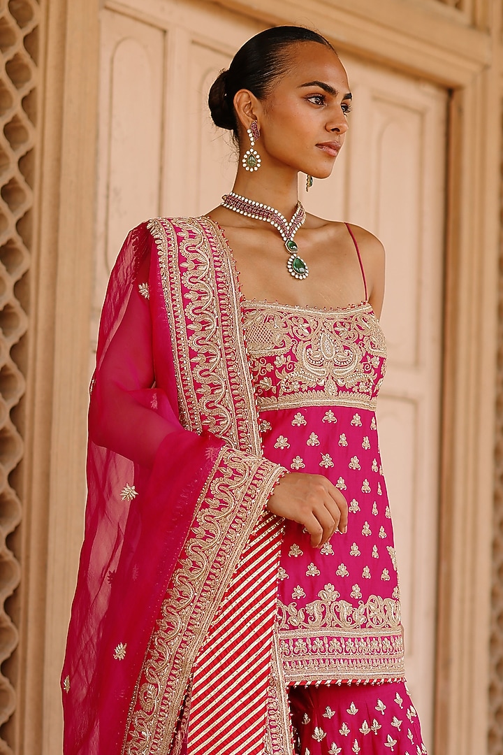Hot Pink Pure Silk Chanderi Dabka Embellished Gharara Set by Sheetal Batra at Pernia's Pop Up Shop