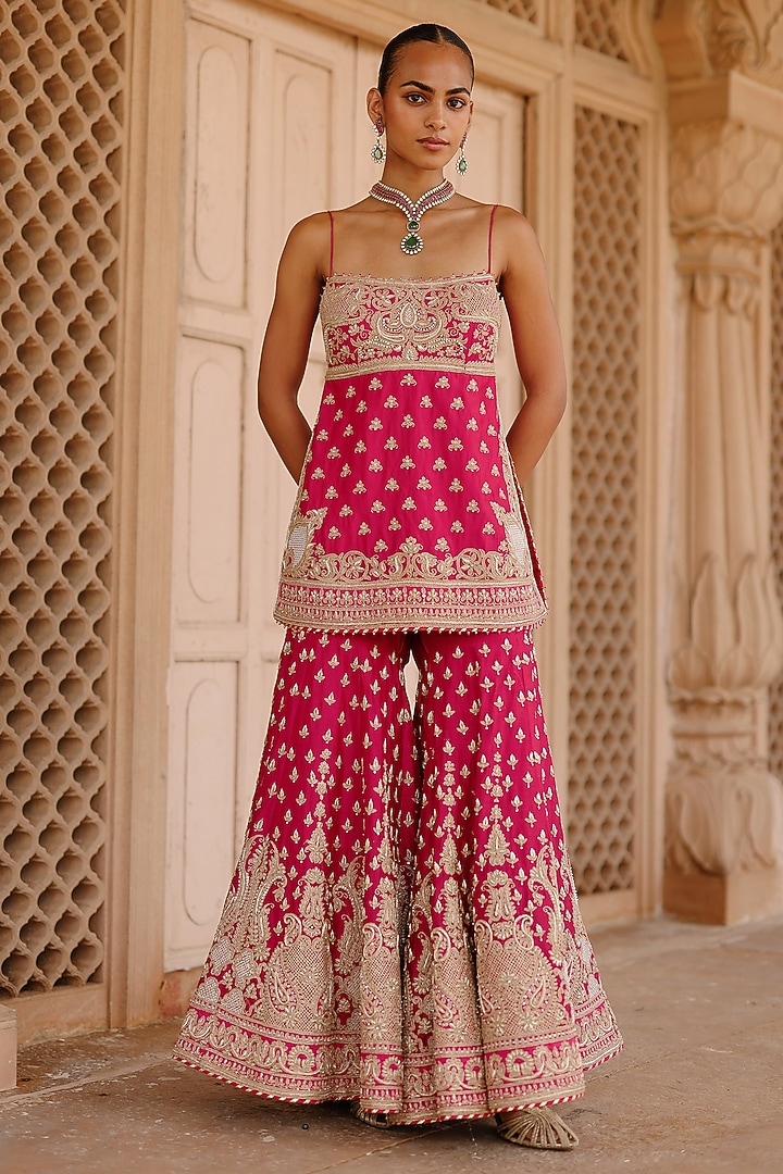 Hot Pink Pure Silk Chanderi Dabka Embellished Gharara Set by Sheetal Batra at Pernia's Pop Up Shop