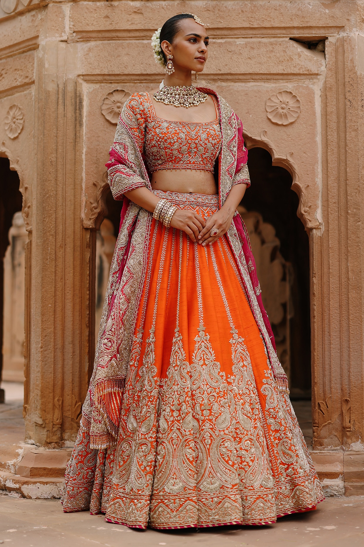 Sheetal Batra Orange Pure Raw Silk Zardosi Hand Embroidered Bridal Lehenga Set