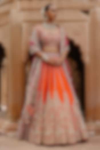Orange Pure Raw Silk Zardosi Hand Embroidered Bridal Bridal Lehenga Set by Sheetal Batra at Pernia's Pop Up Shop