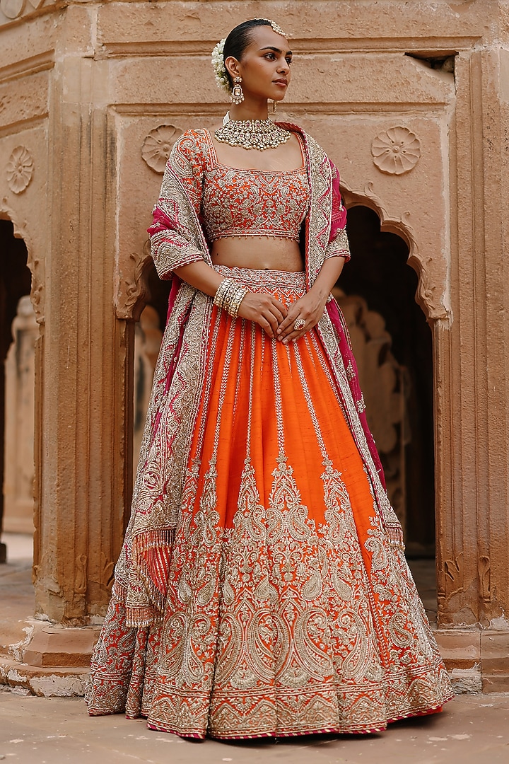 Orange Pure Raw Silk Zardosi Hand Embroidered Bridal Bridal Lehenga Set by Sheetal Batra at Pernia's Pop Up Shop