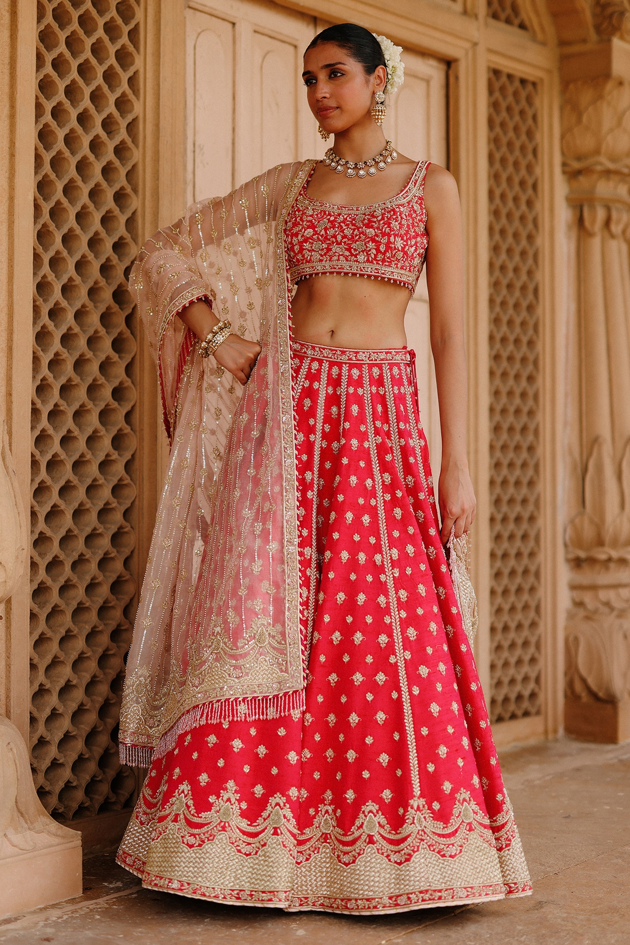 Sheetal Batra Hot Pink Pure Raw Silk Zardosi Hand Embroidered Bridal Lehenga Set