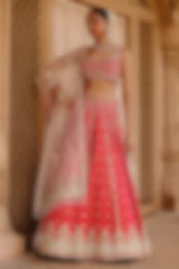 Hot Pink Pure Raw Silk Zardosi Hand Embroidered Bridal Bridal Lehenga Set by Sheetal Batra at Pernia's Pop Up Shop