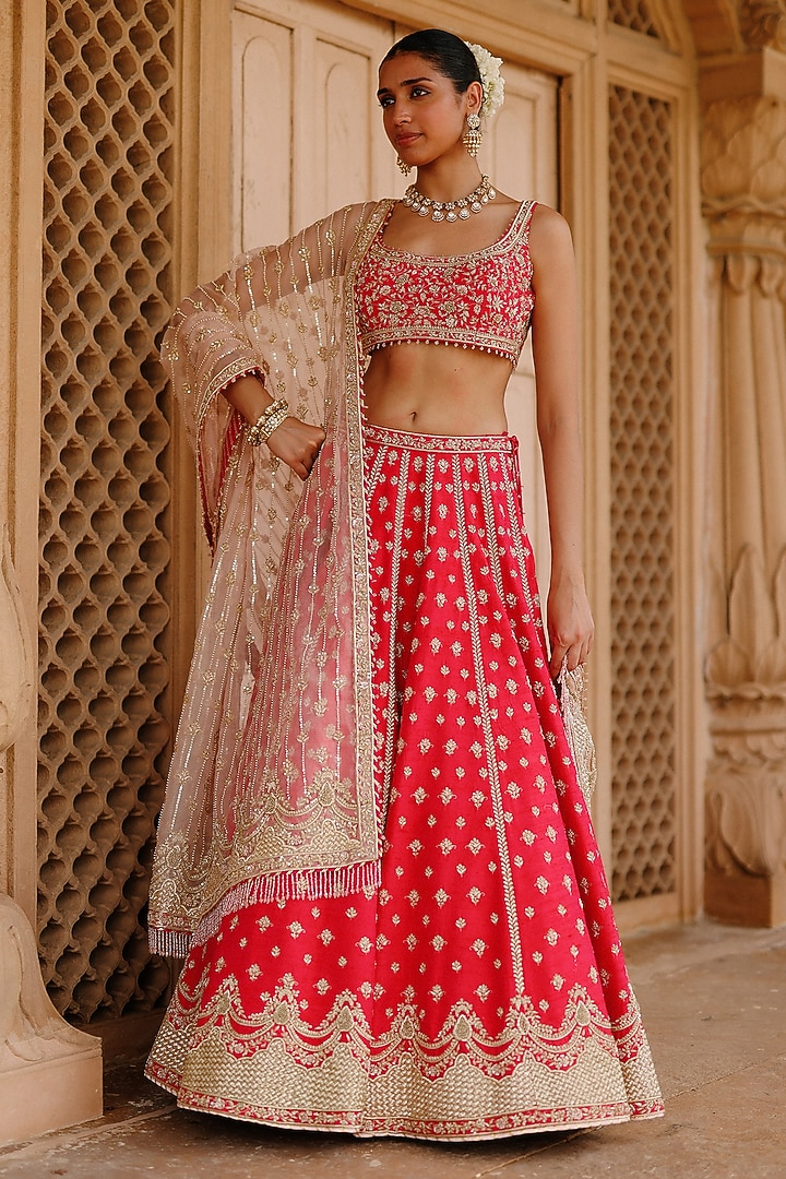 Hot Pink Pure Raw Silk Zardosi Hand Embroidered Bridal Bridal Lehenga Set by Sheetal Batra at Pernia's Pop Up Shop