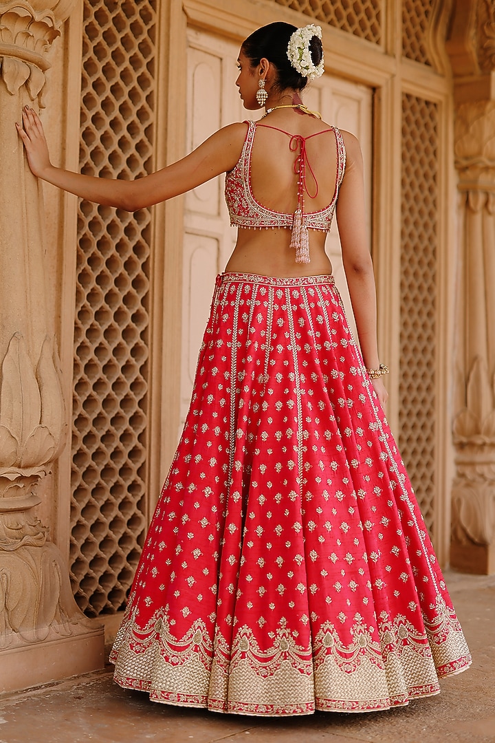 Hot Pink Pure Raw Silk Zardosi Hand Embroidered Bridal Bridal Lehenga Set by Sheetal Batra at Pernia's Pop Up Shop