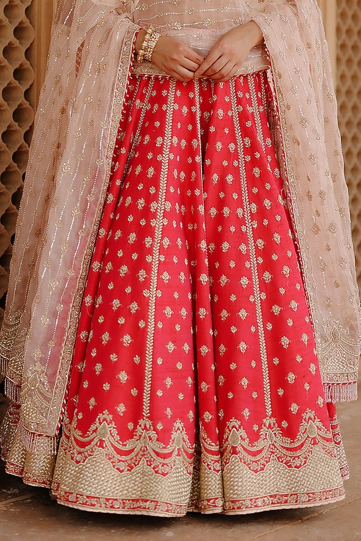 Hot Pink Pure Raw Silk Zardosi Hand Embroidered Bridal Bridal Lehenga Set by Sheetal Batra at Pernia's Pop Up Shop