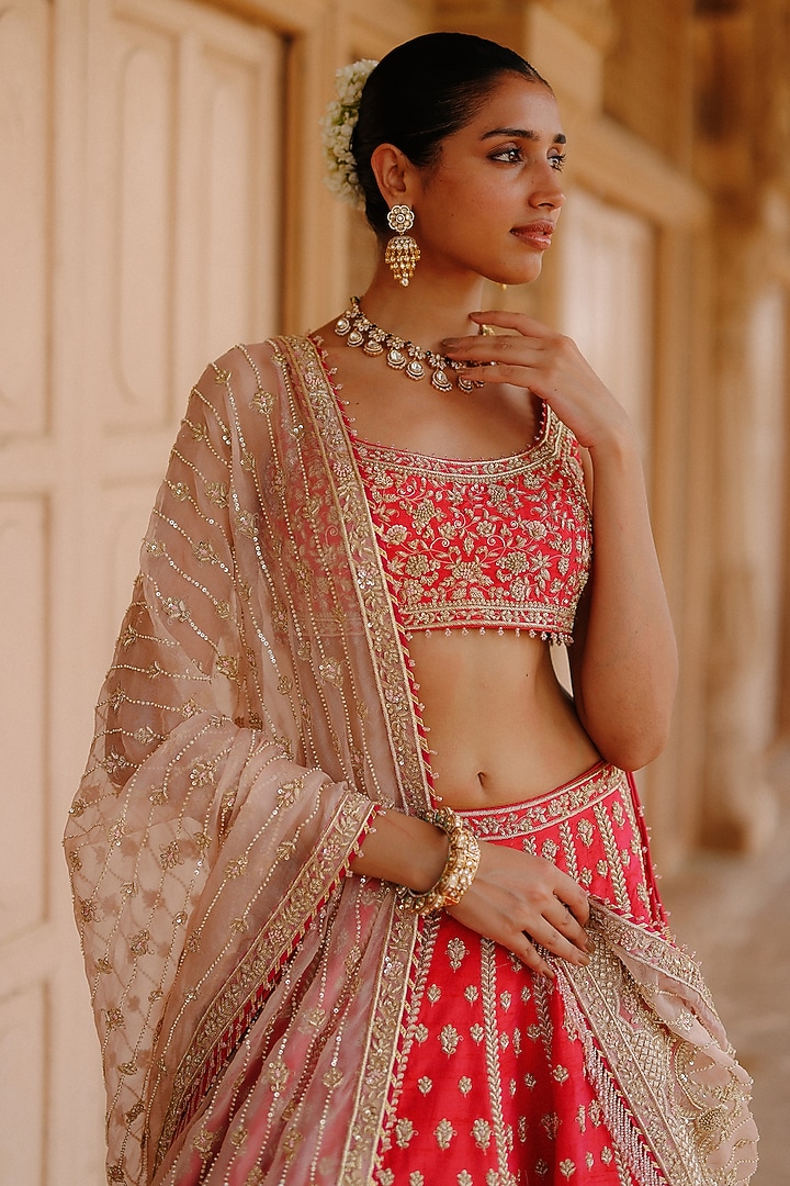 Hot Pink Pure Raw Silk Zardosi Hand Embroidered Bridal Bridal Lehenga Set by Sheetal Batra at Pernia's Pop Up Shop