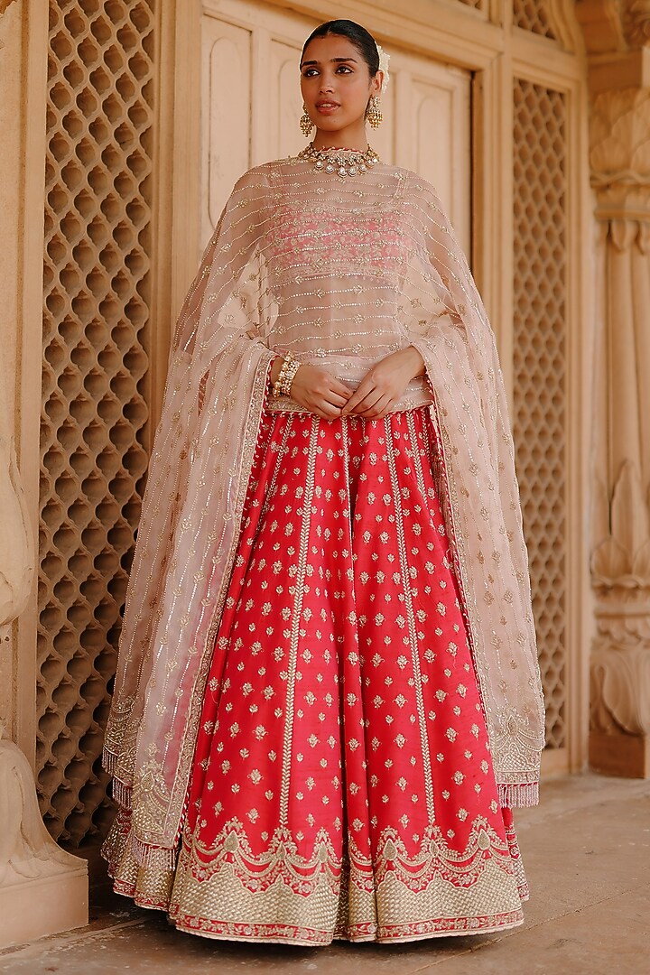 Hot Pink Pure Raw Silk Zardosi Hand Embroidered Bridal Bridal Lehenga Set by Sheetal Batra at Pernia's Pop Up Shop