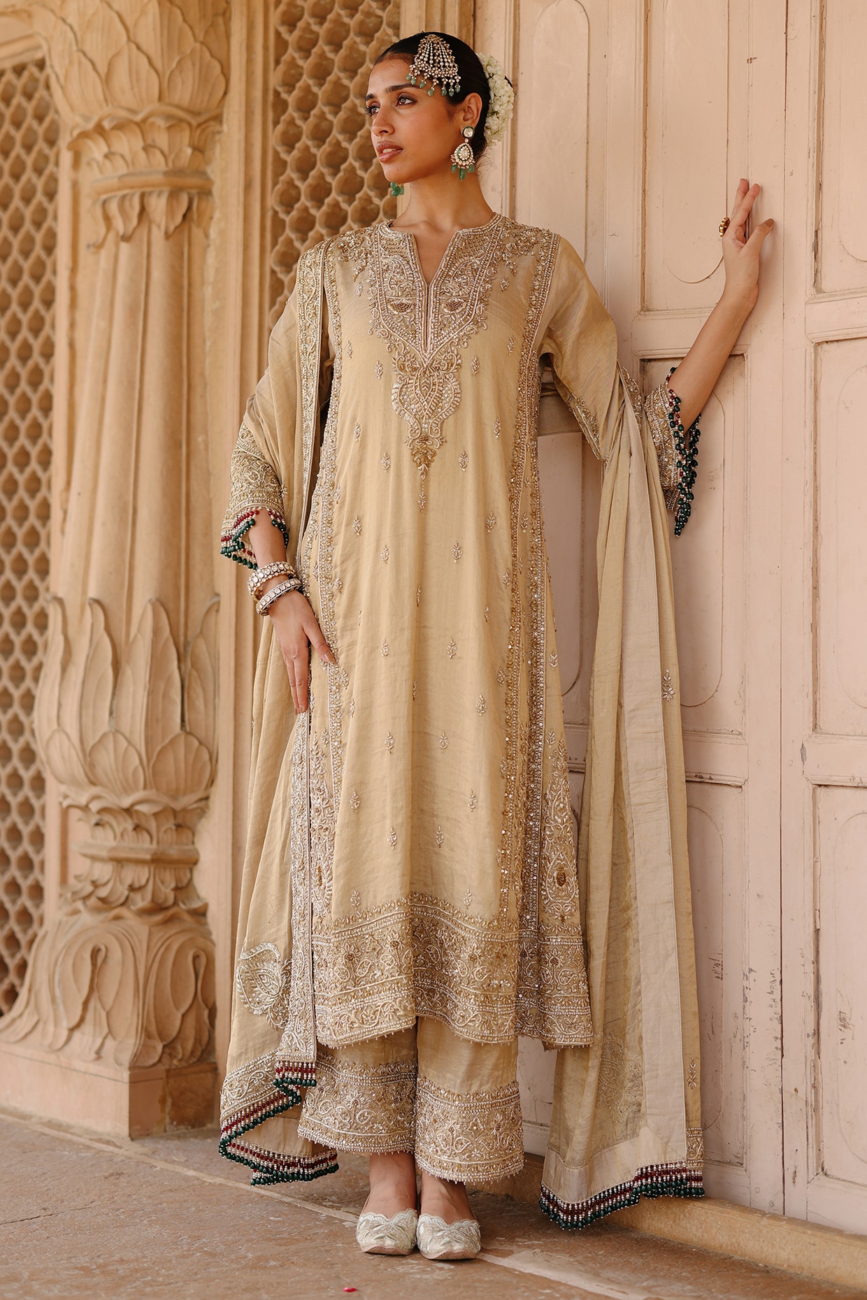 Sheetal Batra Golden Pure Silk Tissue Dabka Embroidered Kurta Set