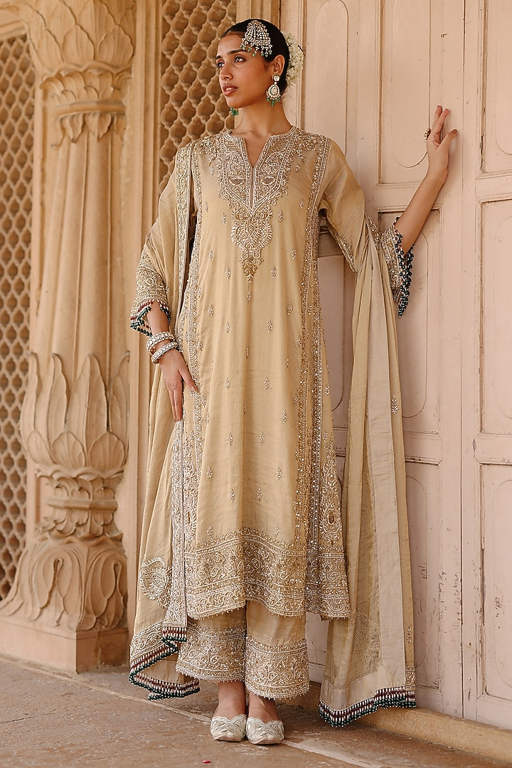 Golden Pure Silk Tissue Dabka Embroidered Kurta Set by Sheetal Batra at Pernia's Pop Up Shop