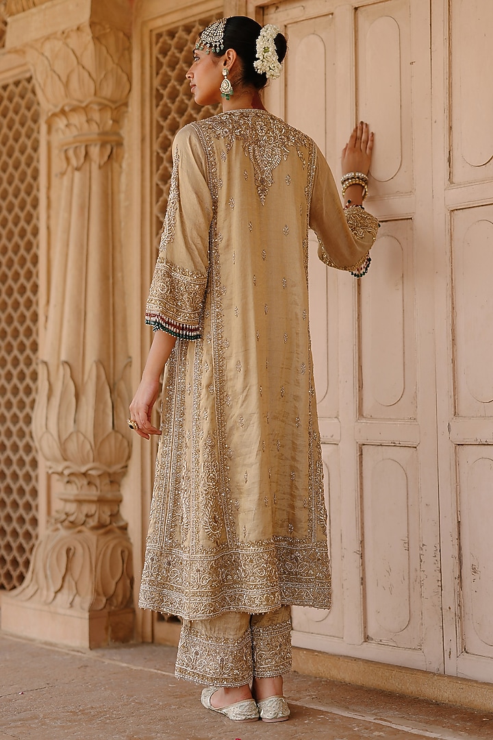 Golden Pure Silk Tissue Dabka Embroidered Kurta Set by Sheetal Batra at Pernia's Pop Up Shop