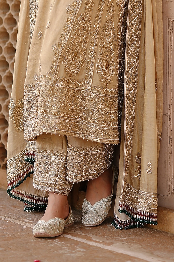 Golden Pure Silk Tissue Dabka Embroidered Kurta Set by Sheetal Batra at Pernia's Pop Up Shop