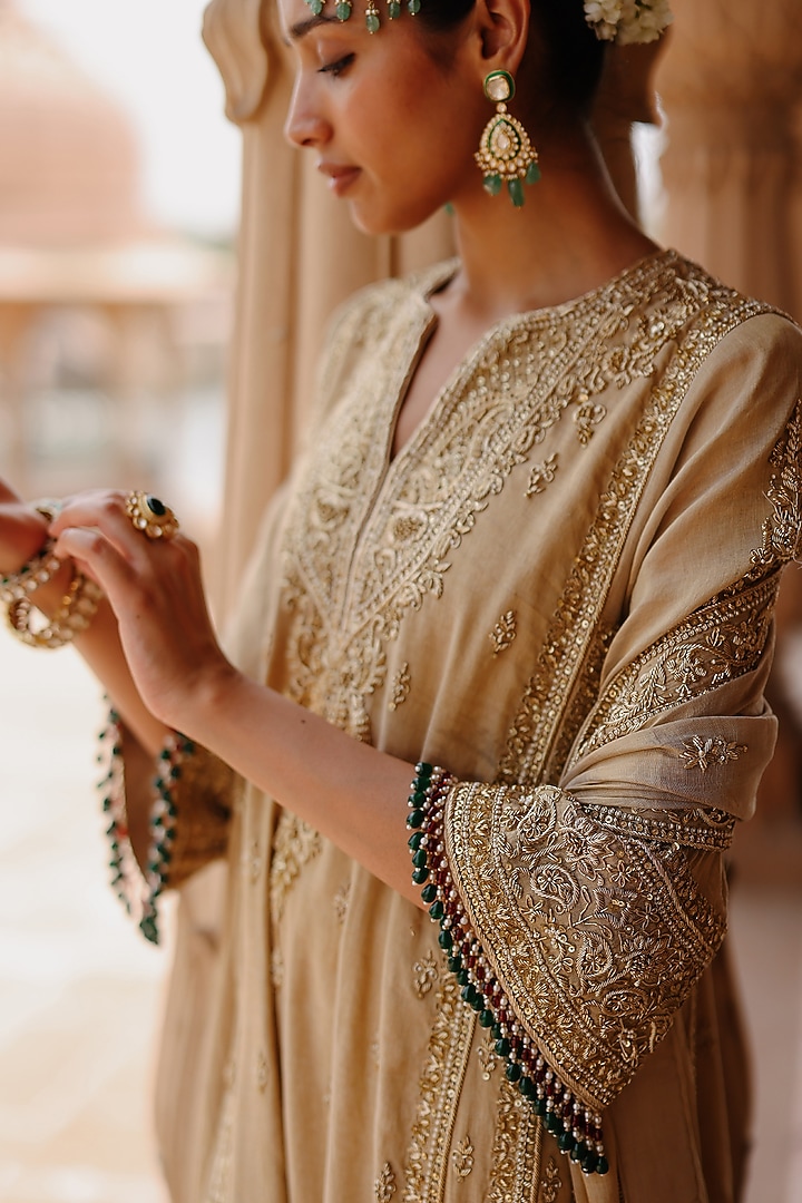 Golden Pure Silk Tissue Dabka Embroidered Kurta Set by Sheetal Batra at Pernia's Pop Up Shop