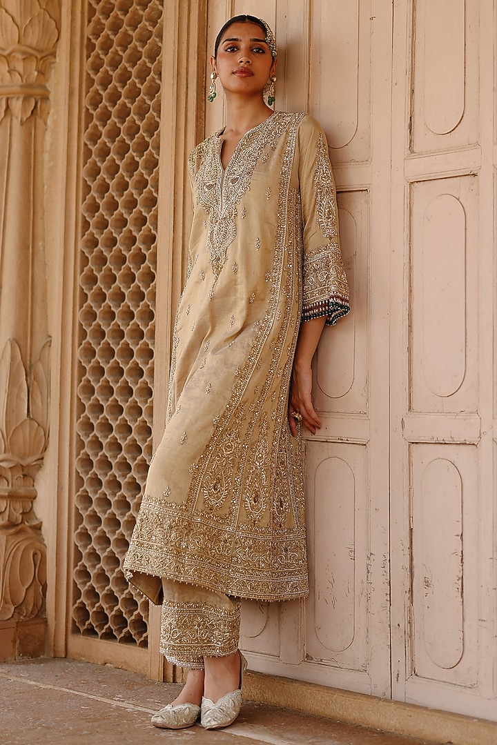 Golden Pure Silk Tissue Dabka Embroidered Kurta Set by Sheetal Batra at Pernia's Pop Up Shop