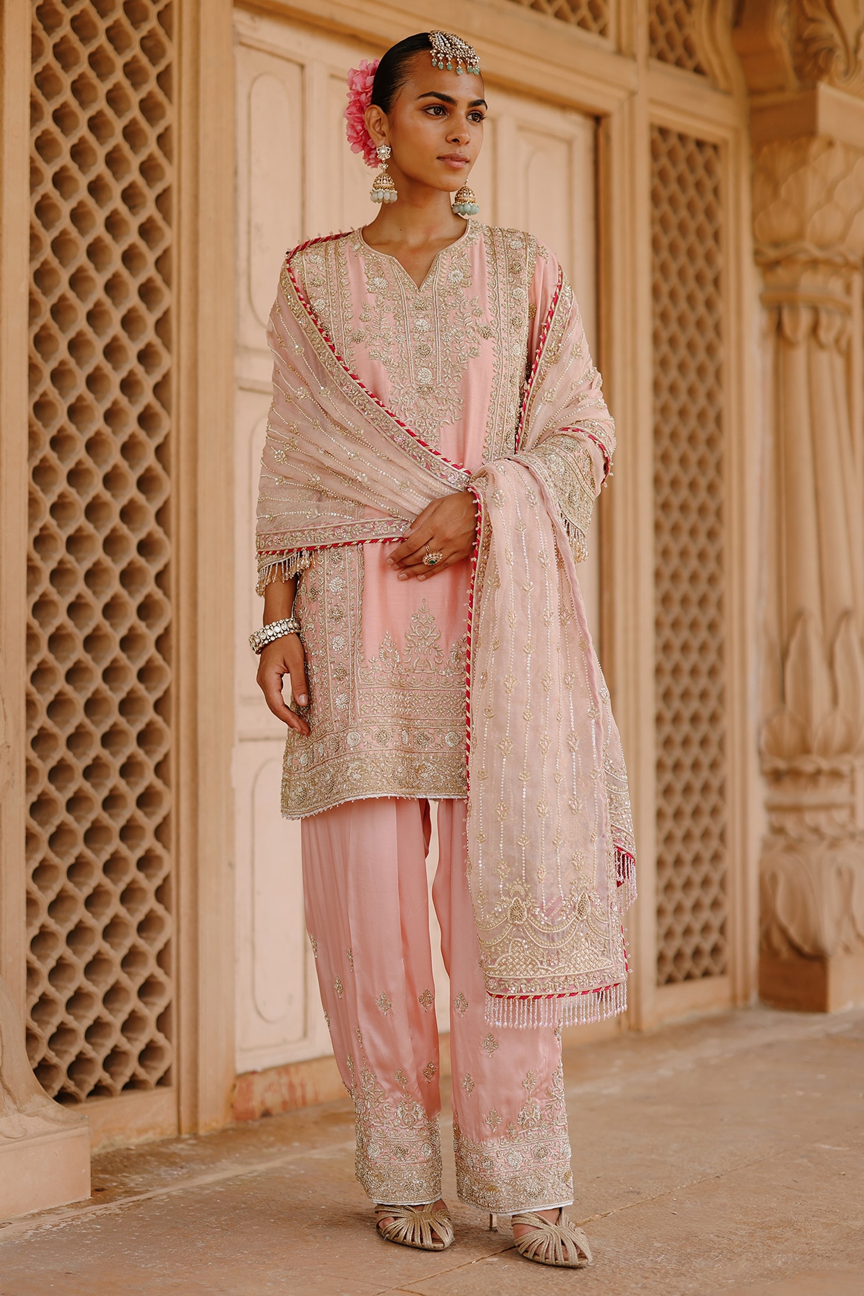 Sheetal Batra Peach Pink Pure Silk Chanderi Zardosi Embroidered Short Kurta Set
