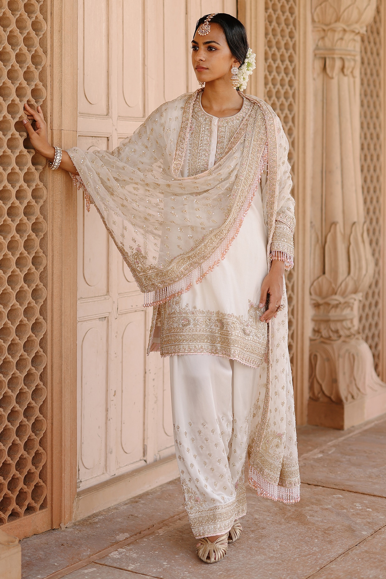 Sheetal Batra Daisy Ivory Pure Silk Chanderi Zardosi Embroidered Short Kurta Set