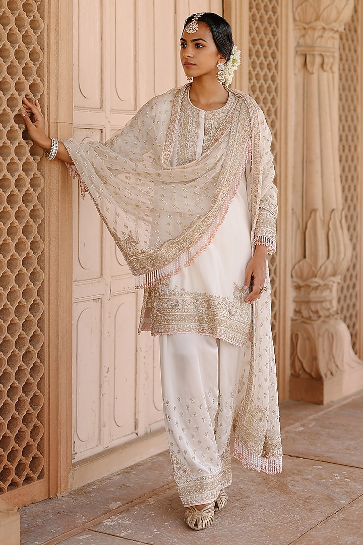 Daisy Ivory Pure Silk Chanderi Zardosi Embroidered Short Kurta Set by Sheetal Batra at Pernia's Pop Up Shop