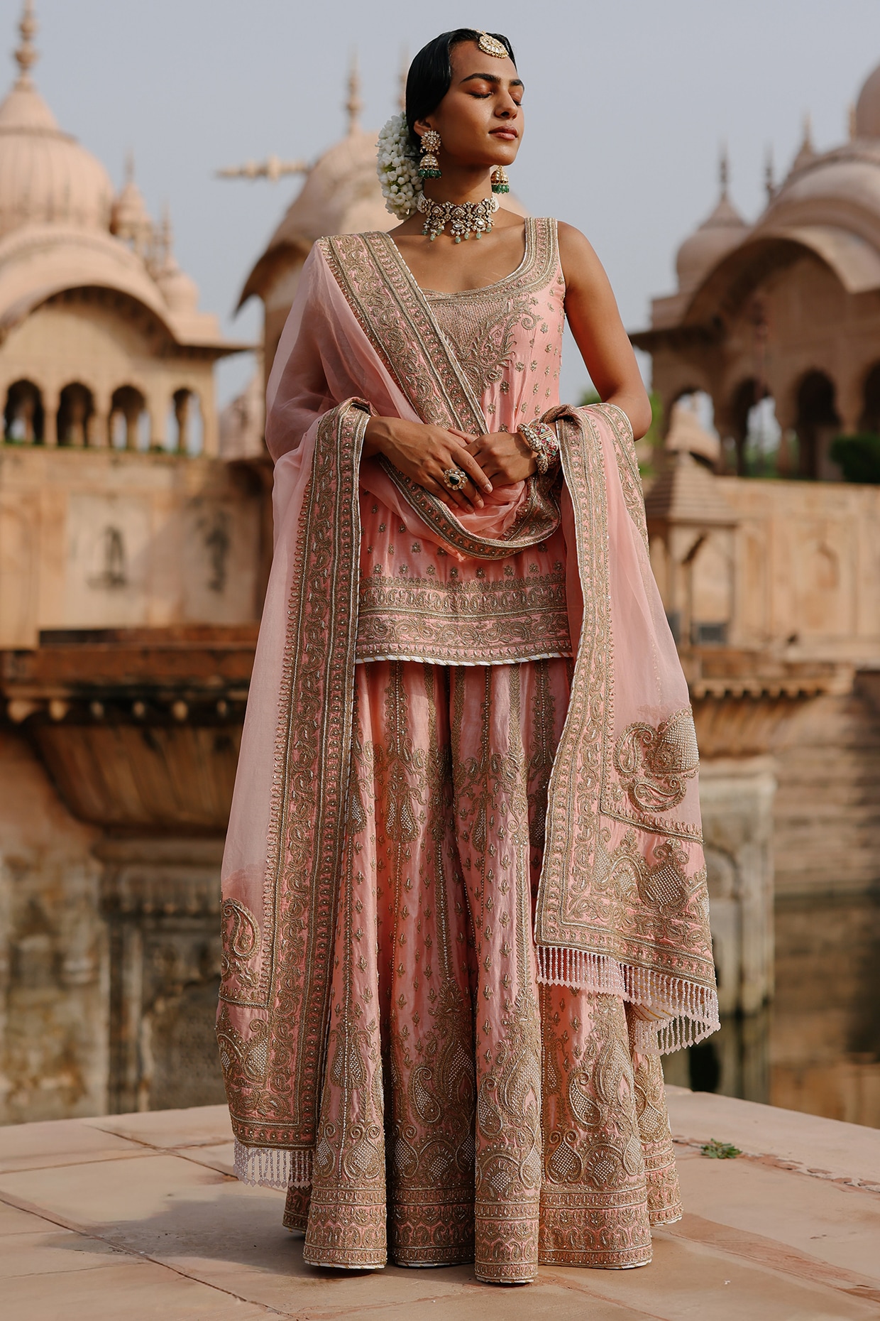 Sheetal Batra Peach Pink Pure Silk Chanderi Zardosi Embroidered Sharara Set