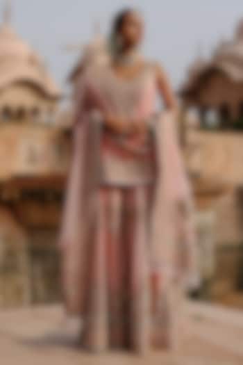 Peach Pink Pure Silk Chanderi Zardosi Embroidered Bridal Sharara Set by Sheetal Batra at Pernia's Pop Up Shop