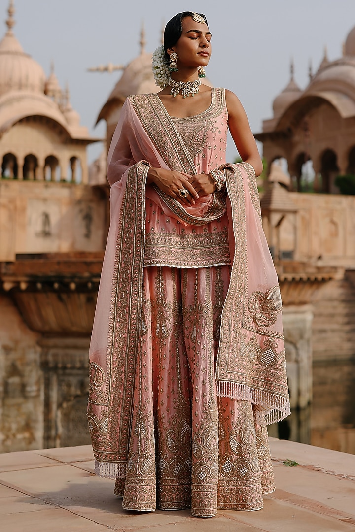 Peach Pink Pure Silk Chanderi Zardosi Embroidered Bridal Sharara Set by Sheetal Batra at Pernia's Pop Up Shop
