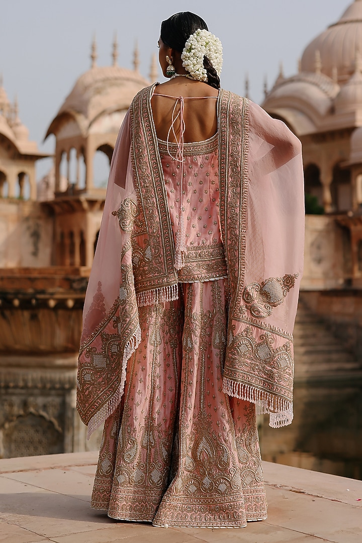 Peach Pink Pure Silk Chanderi Zardosi Embroidered Bridal Sharara Set by Sheetal Batra at Pernia's Pop Up Shop