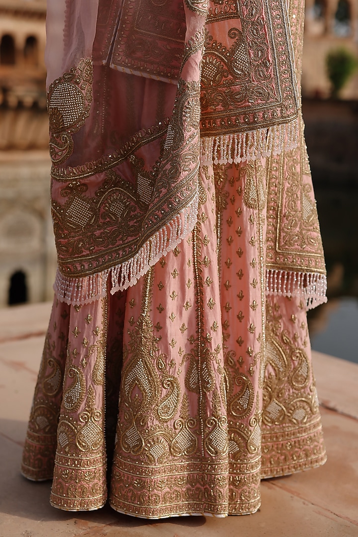 Peach Pink Pure Silk Chanderi Zardosi Embroidered Bridal Sharara Set by Sheetal Batra at Pernia's Pop Up Shop