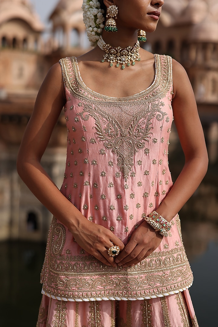 Peach Pink Pure Silk Chanderi Zardosi Embroidered Bridal Sharara Set by Sheetal Batra at Pernia's Pop Up Shop