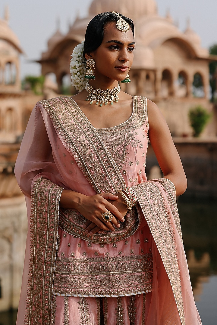 Peach Pink Pure Silk Chanderi Zardosi Embroidered Bridal Sharara Set by Sheetal Batra at Pernia's Pop Up Shop