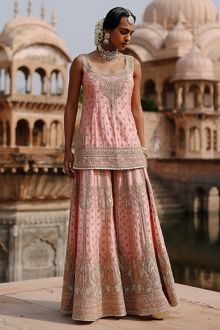 Peach Pink Pure Silk Chanderi Zardosi Embroidered Bridal Sharara Set by Sheetal Batra at Pernia's Pop Up Shop