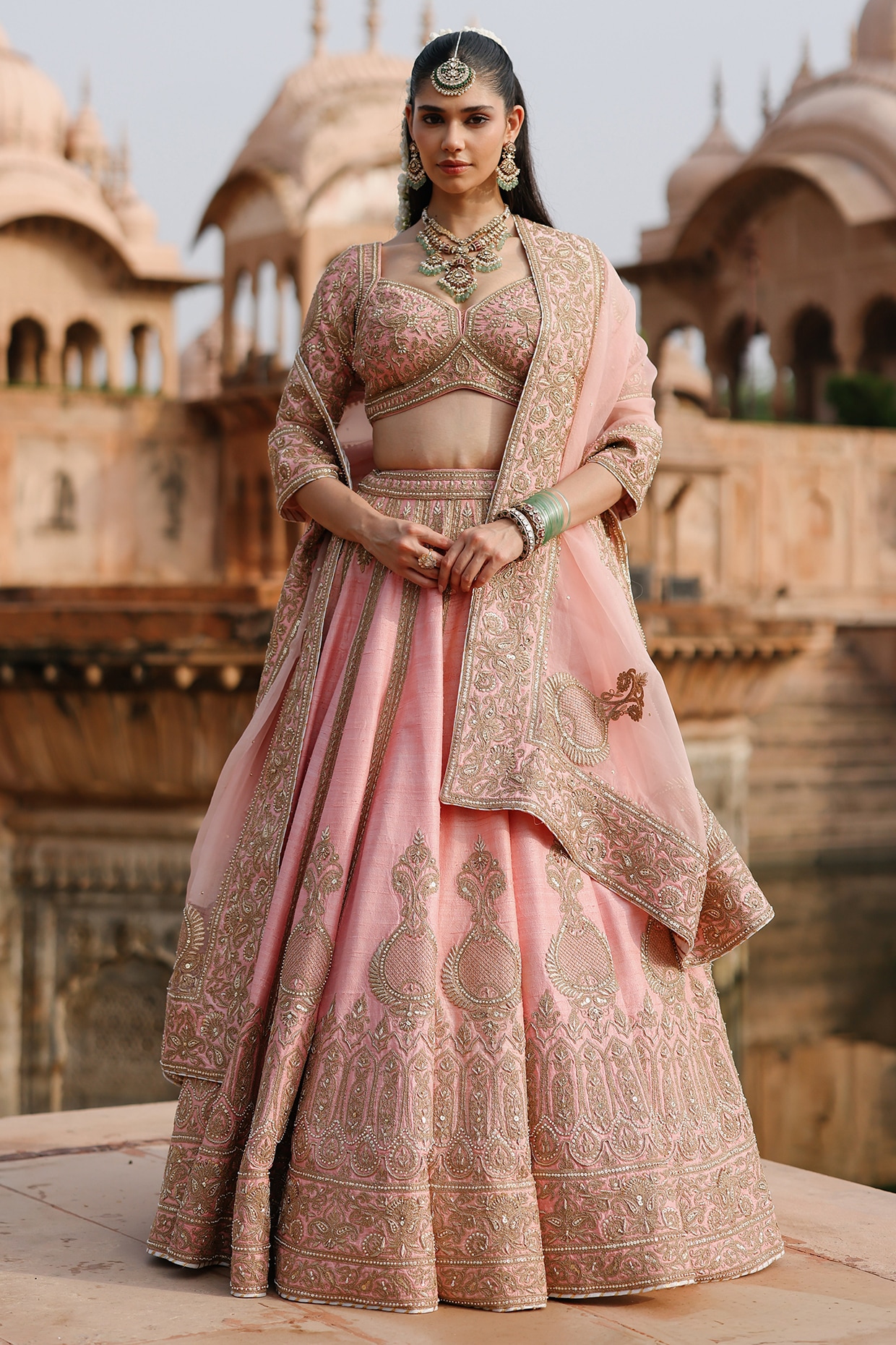 Sheetal Batra Peach Pink Pure Raw Silk Zardosi Embroidered Bridal Lehenga Set