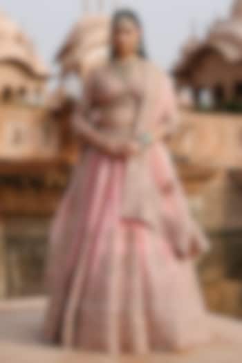 Peach Pink Pure Raw Silk Zardosi Embroidered Bridal Bridal Lehenga Set by Sheetal Batra at Pernia's Pop Up Shop