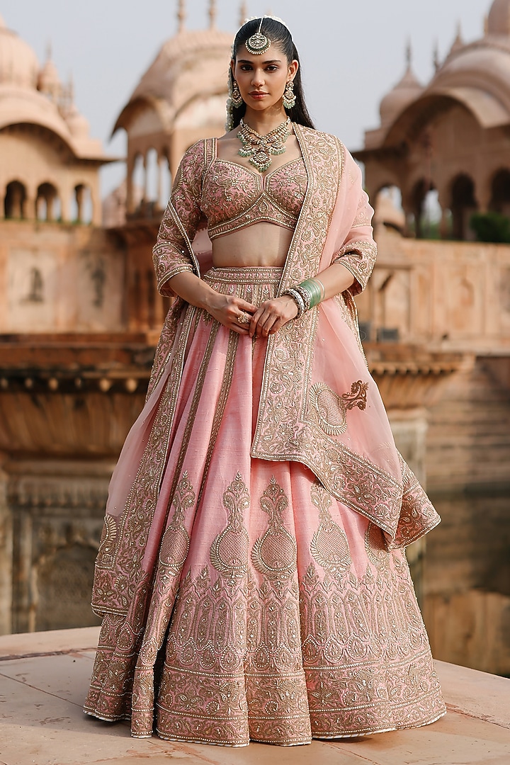 Peach Pink Pure Raw Silk Zardosi Embroidered Bridal Bridal Lehenga Set by Sheetal Batra at Pernia's Pop Up Shop