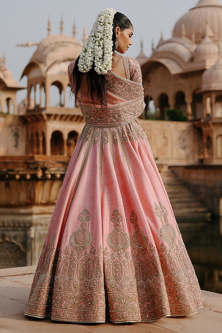 Peach Pink Pure Raw Silk Zardosi Embroidered Bridal Bridal Lehenga Set by Sheetal Batra at Pernia's Pop Up Shop