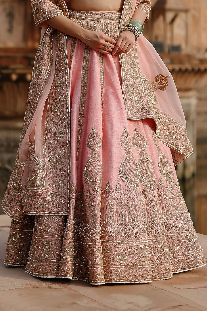 Peach Pink Pure Raw Silk Zardosi Embroidered Bridal Bridal Lehenga Set by Sheetal Batra at Pernia's Pop Up Shop