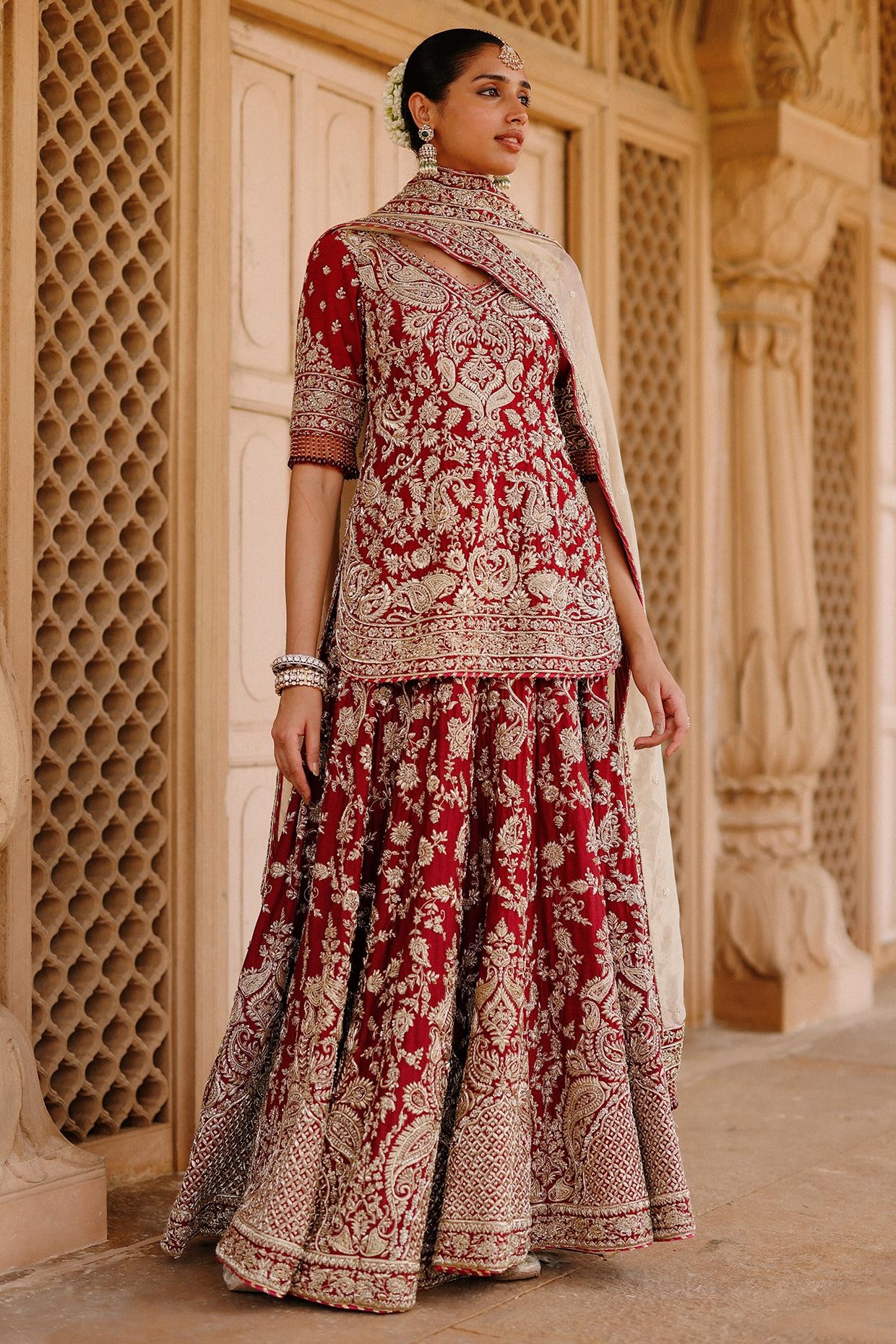 Sheetal Batra Deep Red Pure Silk Chanderi Zari Hand Embellished Bridal Lehenga Set