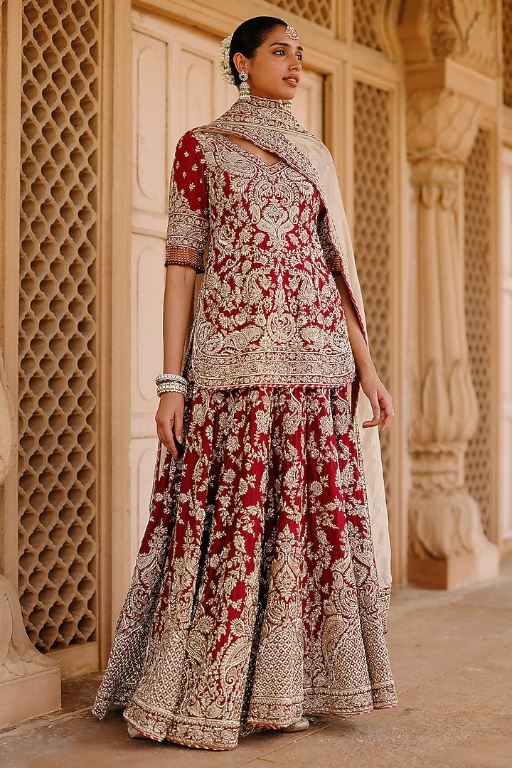 Deep Red Pure Silk Chanderi Zari Hand Embellished Bridal Bridal Lehenga Set by Sheetal Batra at Pernia's Pop Up Shop