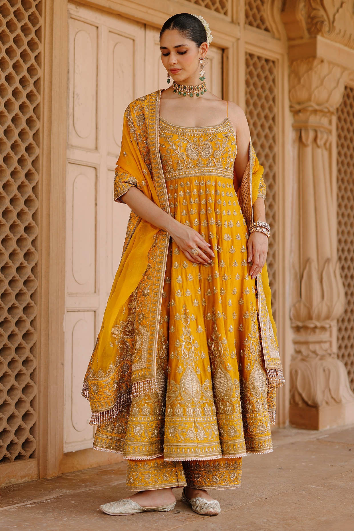 Sheetal Batra Mustard Pure Silk Chanderi Kashmiri Tilla Embroidered Anarkali Set