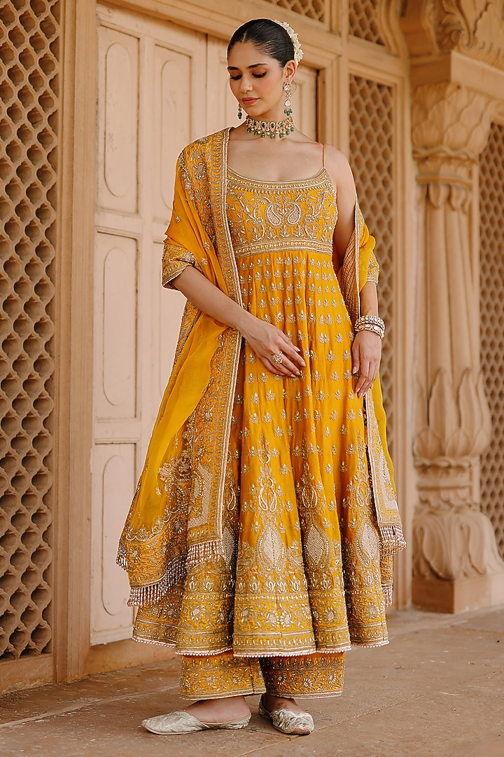 Mustard Pure Silk Chanderi Kashmiri Tilla Embroidered Anarkali Set by Sheetal Batra at Pernia's Pop Up Shop