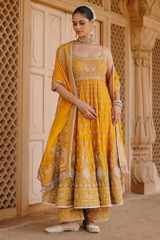 Mustard Pure Silk Chanderi Kashmiri Tilla Embroidered Anarkali Set by Sheetal Batra