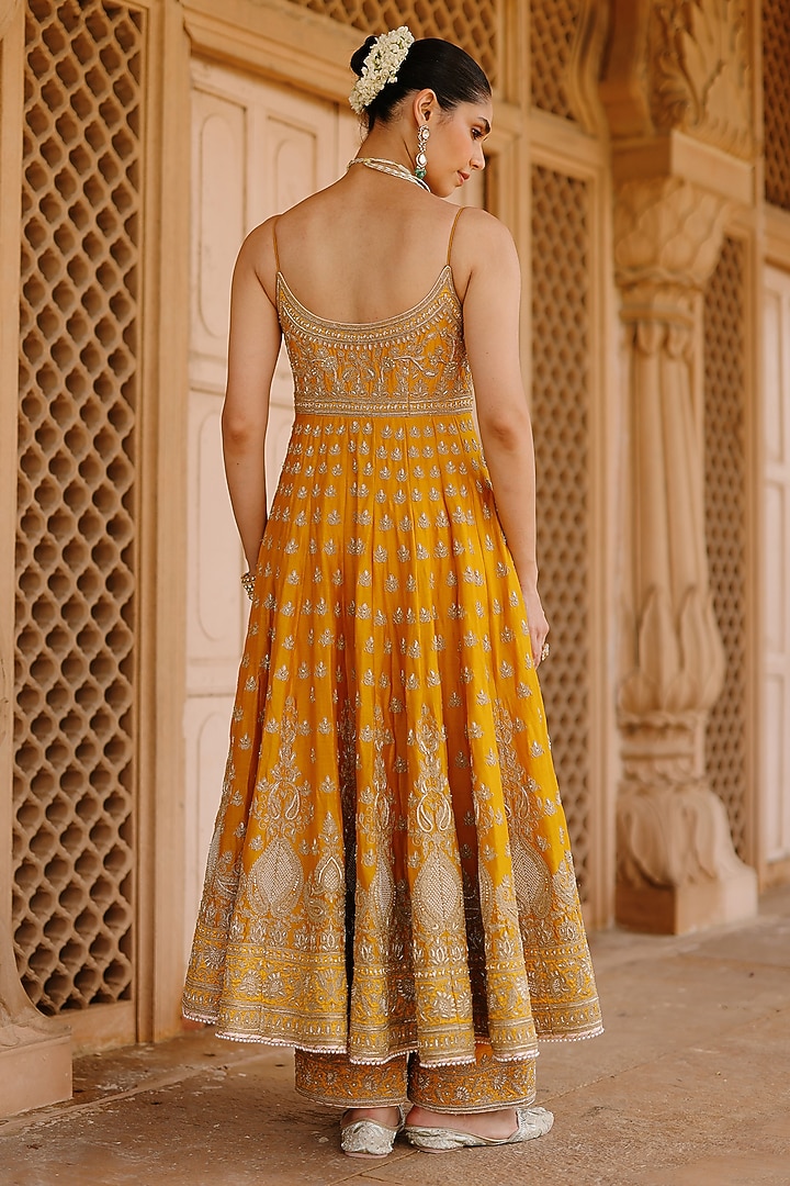 Mustard Pure Silk Chanderi Kashmiri Tilla Embroidered Anarkali Set by Sheetal Batra at Pernia's Pop Up Shop