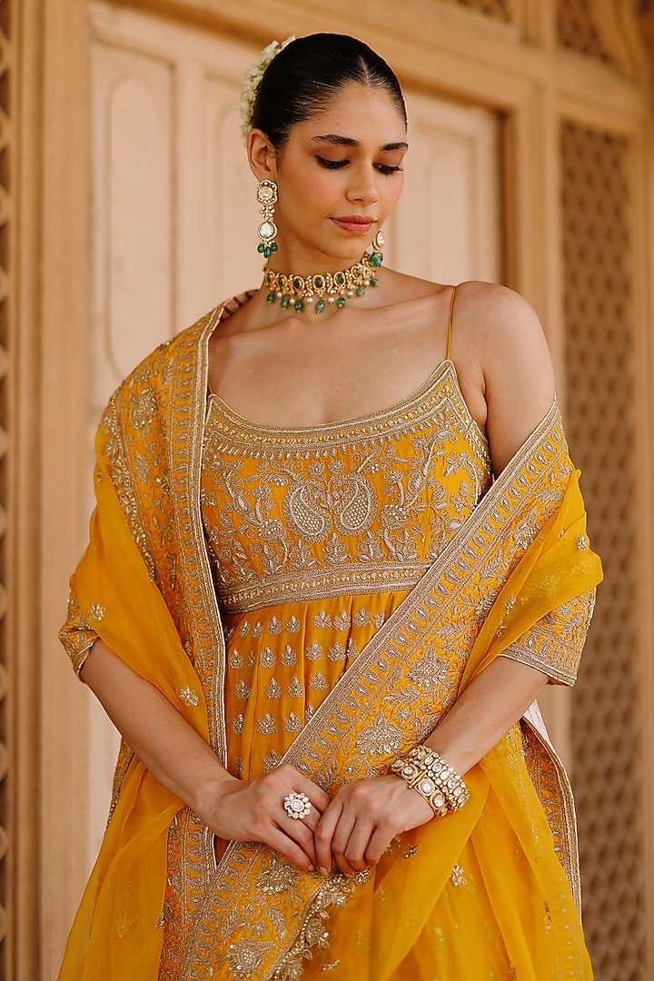 Mustard Pure Silk Chanderi Kashmiri Tilla Embroidered Anarkali Set by Sheetal Batra at Pernia's Pop Up Shop