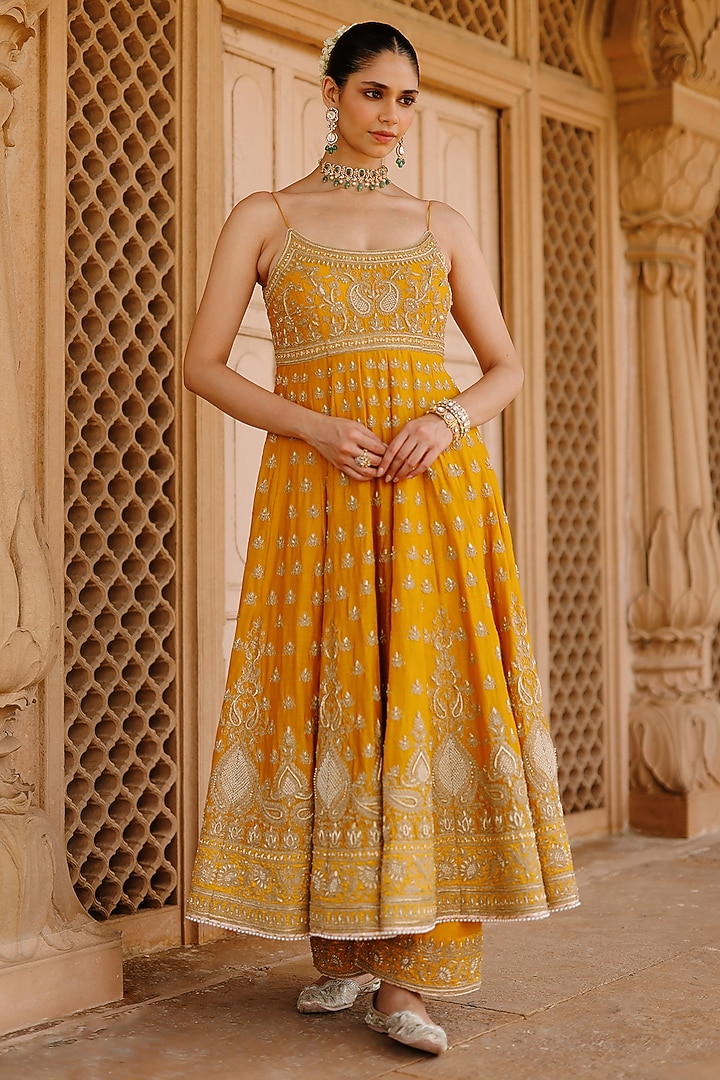 Mustard Pure Silk Chanderi Kashmiri Tilla Embroidered Anarkali Set by Sheetal Batra at Pernia's Pop Up Shop