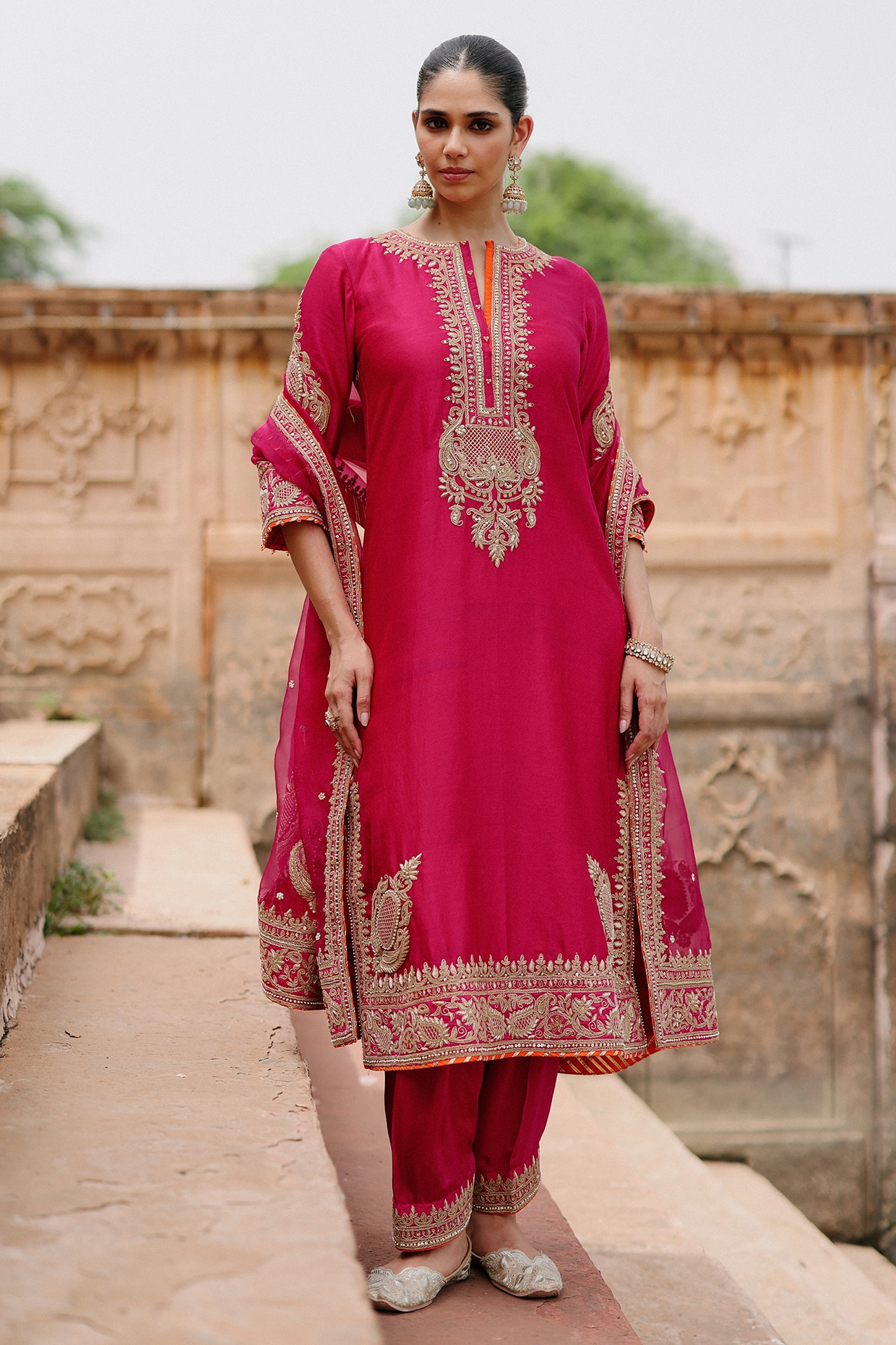 Sheetal Batra Hot Pink Pure Silk Chanderi Kashmiri Tilla Embroidered Kurta Set