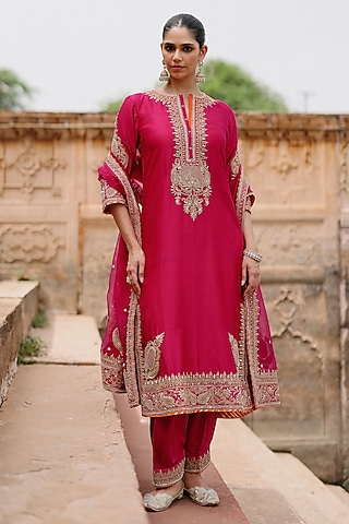 Hot Pink Pure Silk Chanderi Kashmiri Tilla Embroidered Kurta Set by Sheetal Batra