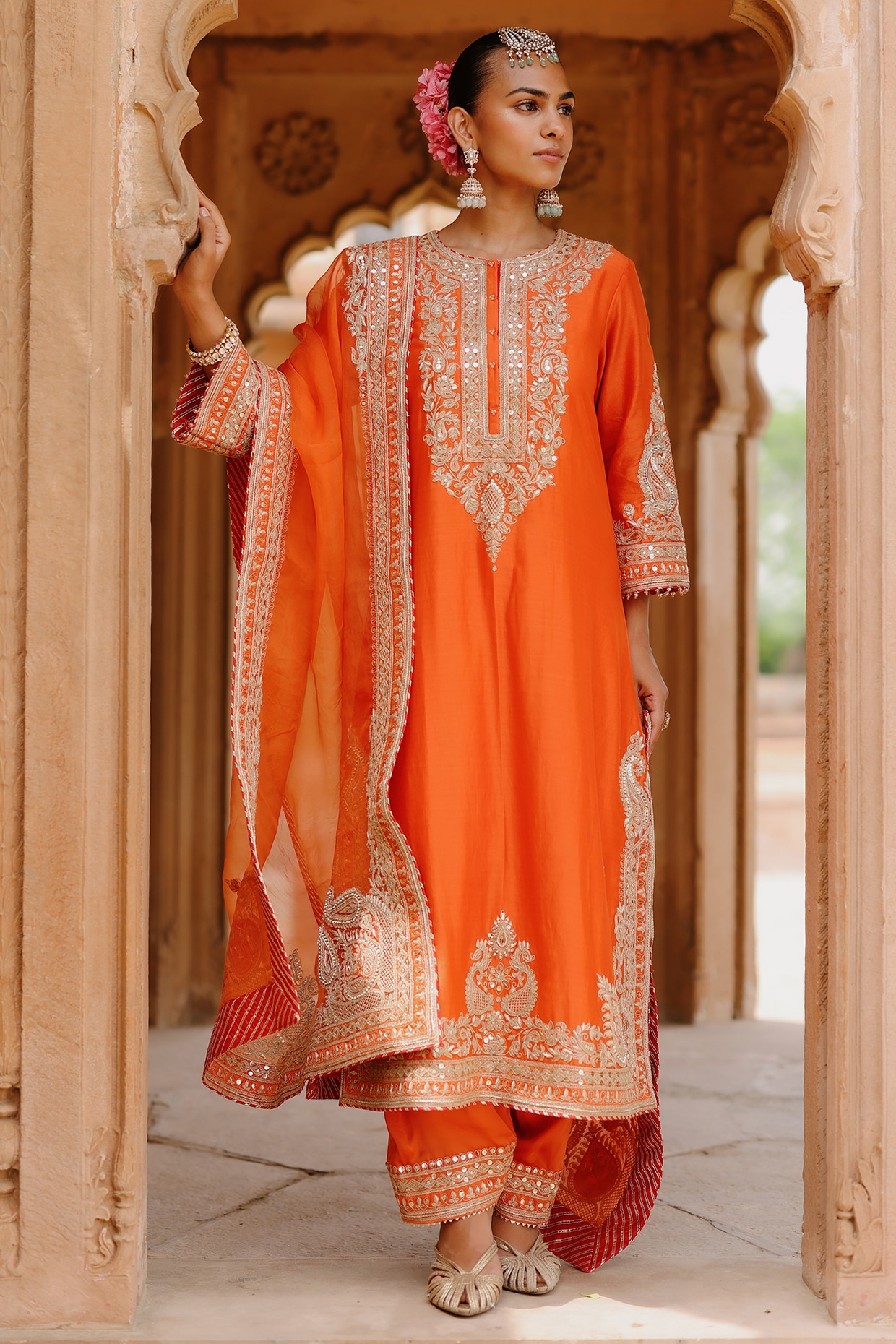 Sheetal Batra Burnt Orange Pure Silk Chanderi Kashmiri Tilla Embroidered Kurta Set